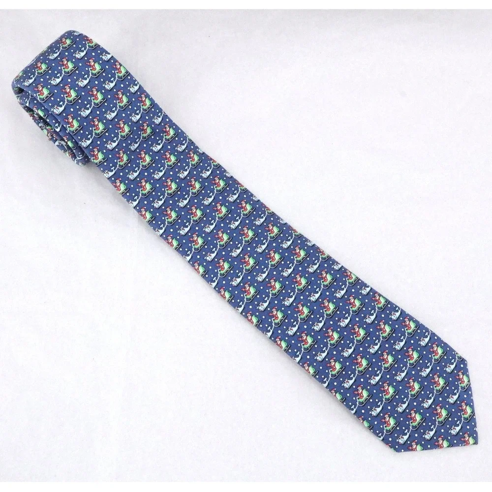 Vineyard Vines Santa Whale Sleigh Blue Silk Christmas Tie Kids Holiday Necktie